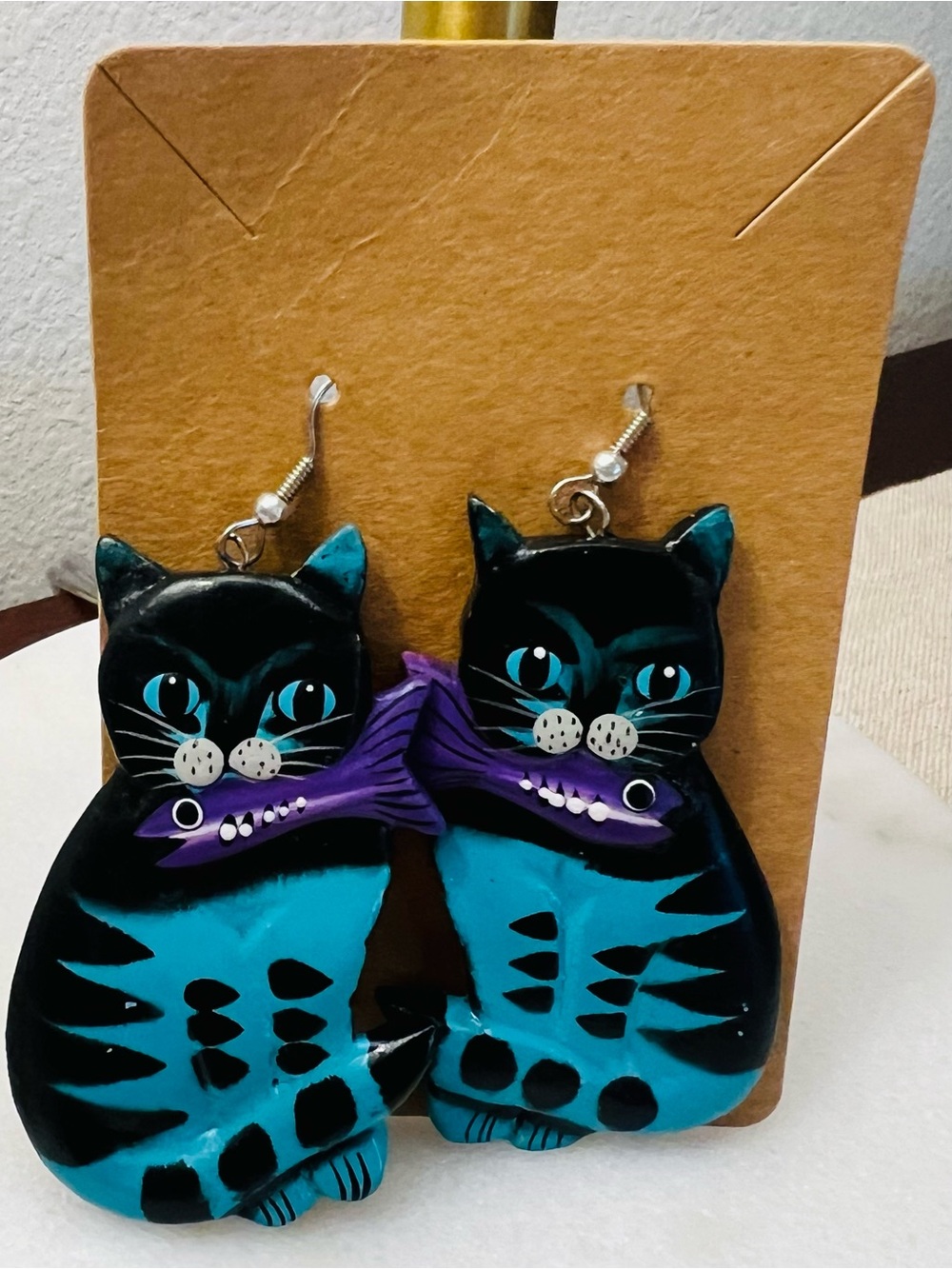Vintage Handmade Hand-Painted Wooden Cat Earrings